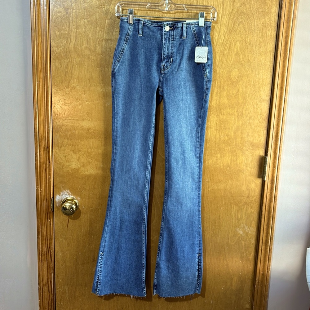 Free People Medium Blue Bootcut Jeans with Raw Hem